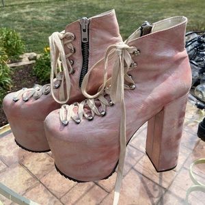 UNIF Hellbound platform heels in holographic light pink- leather platforms sz 7